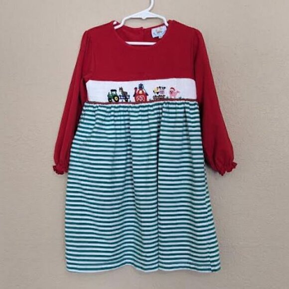 Busy Bees Smocks Christmas On the farm Dress Striped Size 6 Holiday Christmas - Picture 1 of 6